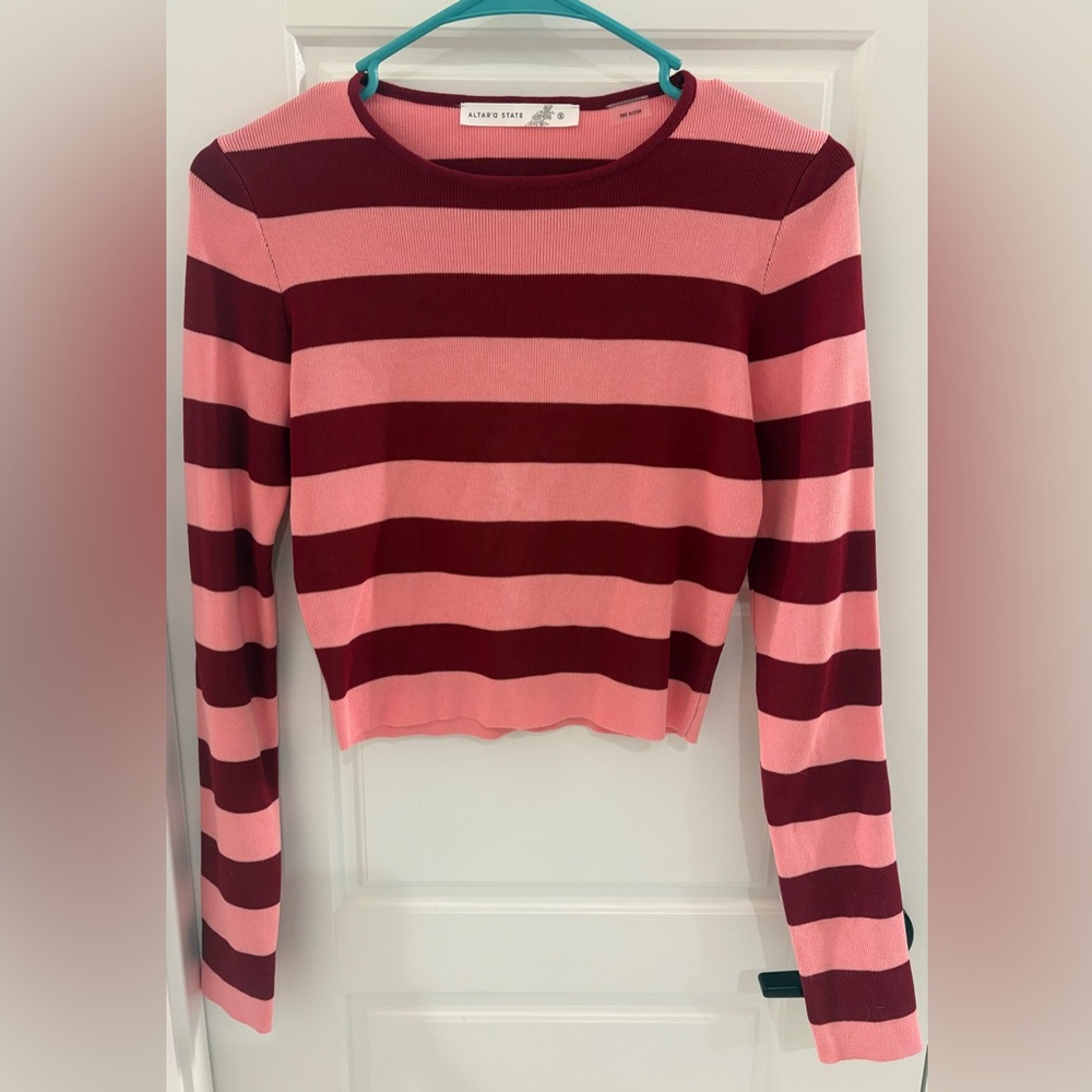 Altar'd State Pink and Red Striped Long Sleeve Top